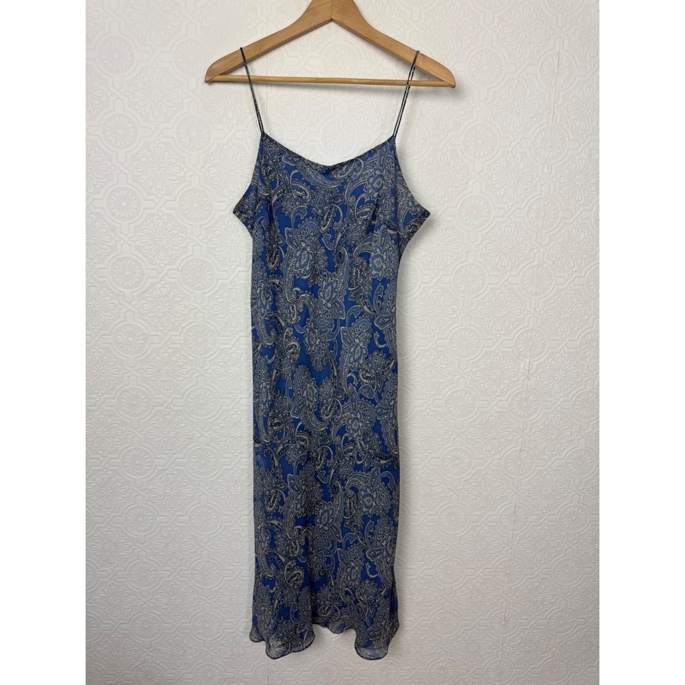 Vintage Ann Taylor 100% Silk Paisley Slip Dress Blue Spaghetti Strap Size 12